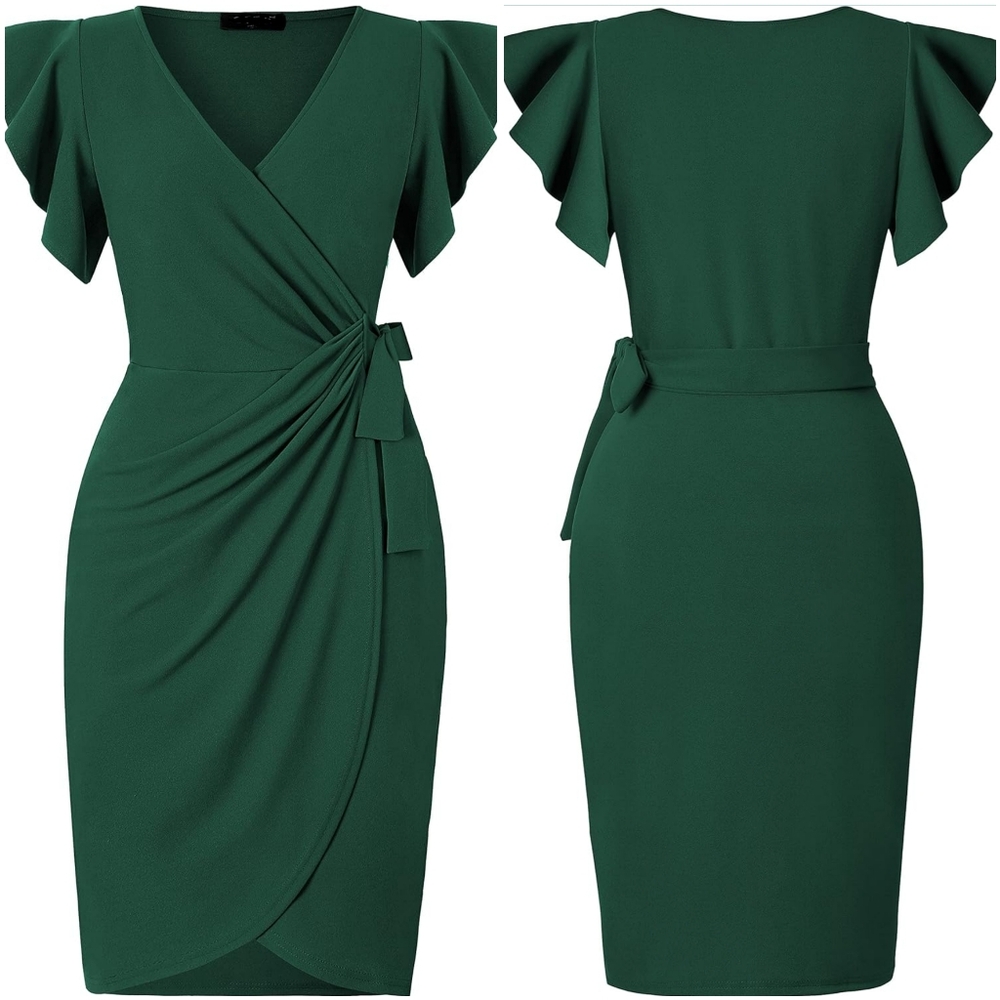 NWT G&Y Dark Green V Ruched Tie Waist Wrap Short Sleeve Cocktail Midi Dress XL - Picture 11 of 15